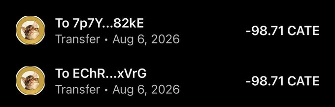 The image shows two cryptocurrency transfers, each of -98.71 CATE, sent to addresses "7p7Y...82kE" and "EChR...xVrG" on August 6, 2026, illustrating someone actively distributing CATE tokens to others to spread holdings of the asset.