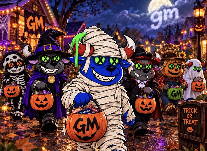 A Halloween-themed illustration featuring cartoon animals dressed in costumes (witch, mummy, vampire, scarecrow) trick-or-treating with "GM" branded pumpkin buckets and "TRICK OR TREAT" sign.