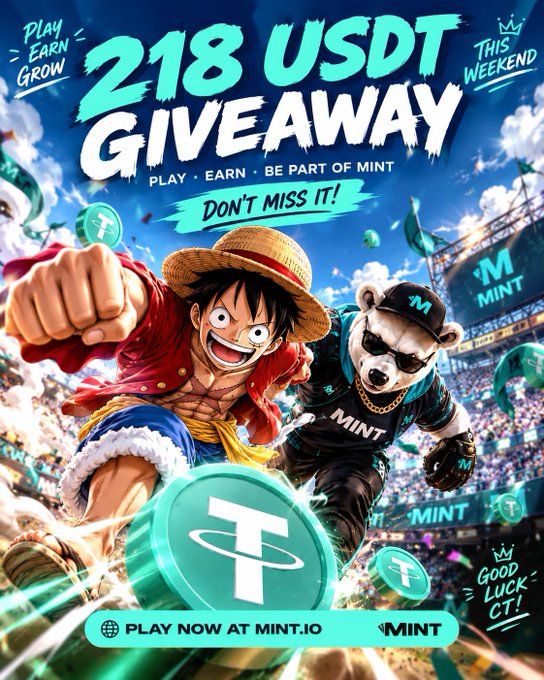 A promotional graphic for '218 USDT GIVEAWAY' this weekend at mint.io, featuring anime-style characters including one resembling Luffy and a bear in 'MINT' gear.