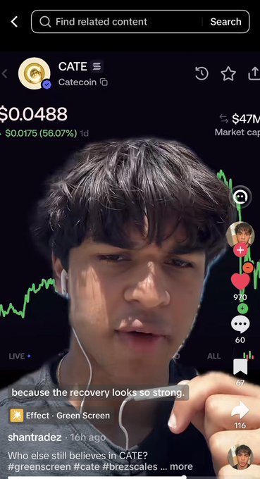 A TikTok live stream video from user shantradez featuring a young man, with 'CATE - Catecoin' crypto token information showing $0.0488 price and 56.07% increase.
