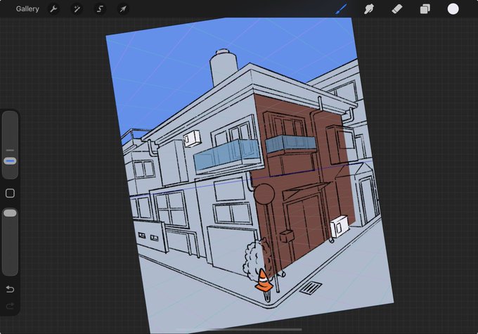 A screenshot of a digital drawing app showing a perspective sketch of a building corner with an adjacent storefront, featuring an orange traffic cone and small bush in the foreground.