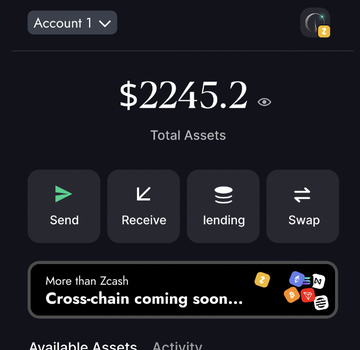 A screenshot of a crypto wallet interface showing a Total Assets balance of $2245.2 with options for Send, Receive, lending, and Swap, along with a "Cross-chain coming soon..." banner.