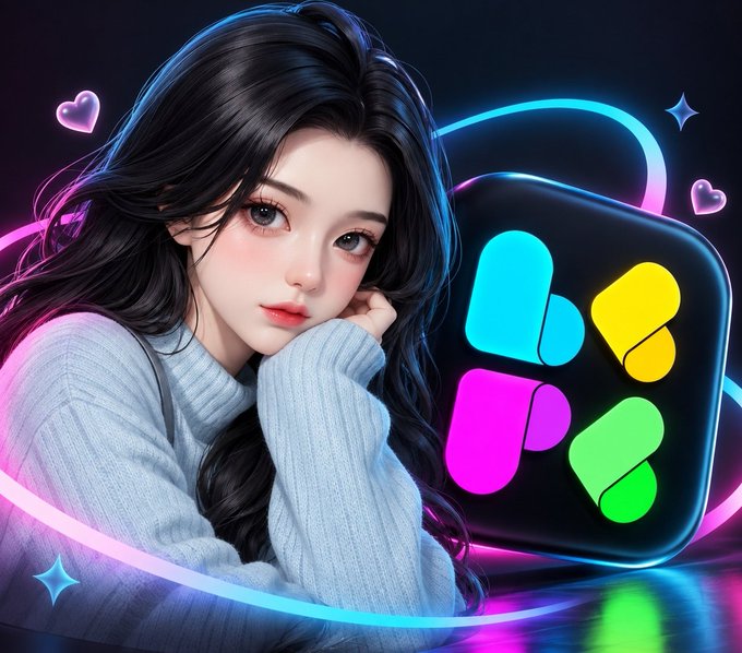 A stylized anime-style portrait of a dark-haired woman rests beside the vibrant Beep app icon, surrounded by glowing neon hearts and sparkles that mirror the campaign's playful energy. The aesthetic blend of soft features and bold tech branding visually reinforces Beep's push to merge AI agents with an engaging, user-friendly ecosystem beyond its $10,000 BountyDrop campaign.