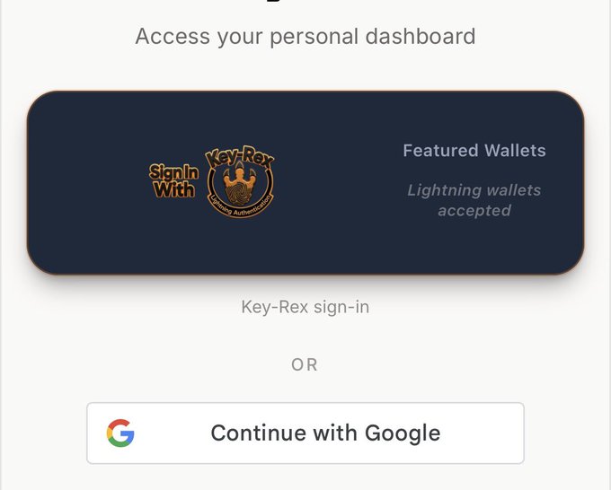 A sign-in screen offers options to access a personal dashboard via 'Key-Rex sign-in' or to 'Continue with Google,' with text noting 'Featured Wallets Lightning wallets accepted.'