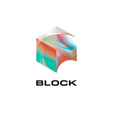 The image displays Block's corporate logo—a colorful, iridescent 3D cube—positioned above the word "BLOCK" in bold black text, directly branding the company referenced in the news about Jack Dorsey's Block reporting a 31% drop in bitcoin ecosystem gross profit to $72 million while raising its full-year outlook.