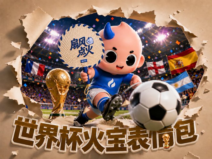 A colorful 3D-rendered promotional graphic shows a cartoon mascot kicking a soccer ball next to the World Cup trophy, with Chinese text reading '世界杯火宝表情包' (World Cup Fire Treasure Emoji Pack).