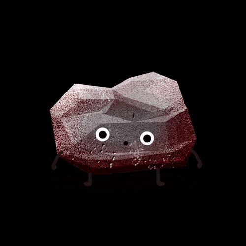 A dark red, rock-like 3D character with large white eyes and a flat mouth, featuring thin, spindly limbs and a textured, low-poly surface against a black background.