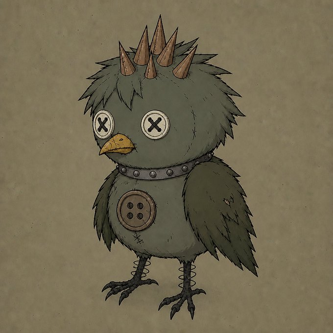 An illustration of a dark, spiky cartoon bird-like creature with X-shaped eyes, a yellow beak, and a button sewn onto its chest.