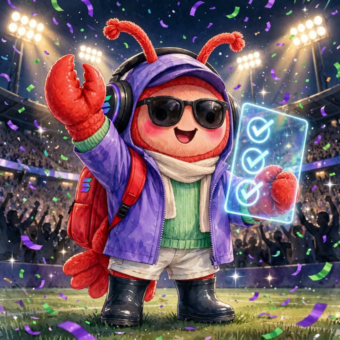 A colorful cartoon illustration of a red crab character wearing sunglasses, headphones, a purple jacket, and boots, holding a glowing checklist with three checkmarks in a stadium filled with confetti.