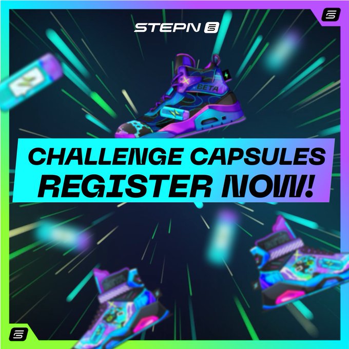 The image features a pair of sneakers with neon colors, including blue, purple, green, pink, and orange. The sneakers are positioned at various angles, creating an impression that they are floating or moving through space. The background of the image is dark, which contrasts with the colorful sneakers and makes them stand out even more. The text in the image reads "Challenge Capsules Register now!", indicating that there's a registration process for these neon-colored sneakers taking place.