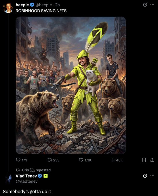 A Twitter post by 'beeple' captioned 'ROBINHOOD SAVING NFTS' features an AI artwork of Robin Hood in green surrounded by bears in a destroyed city, with 'Vlad Tenev' commenting 'Somebody's gotta do it'.