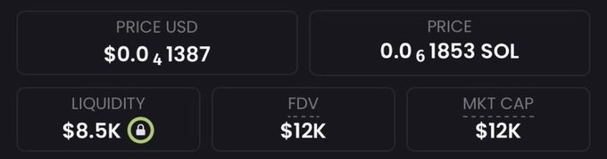 A panel displays token statistics including a price of $0.041387 USD (0.061853 SOL), liquidity of $8.5K, and both FDV and market cap at $12K, highlighting another micro-cap cryptocurrency pick.
