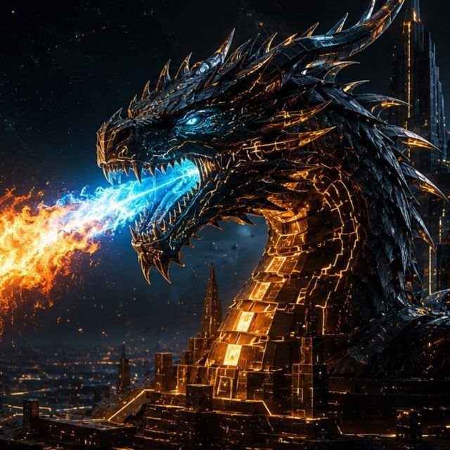 A dramatic digital artwork features a massive black dragon with glowing blue eyes breathing blue and orange fire, towering over a futuristic city at night.