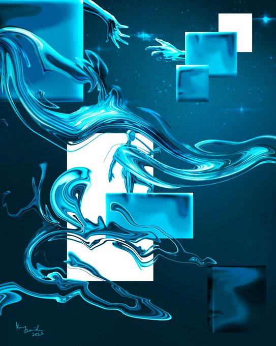 A digital artwork featuring blue liquid-like forms swirling around white and blue squares against a dark, starry background, signed by the artist in the lower left corner.