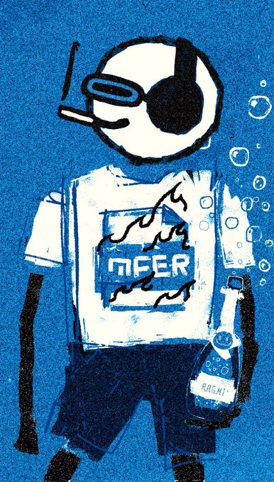 Blue-toned cartoon illustration of a robot-like figure wearing goggles and headphones, a 'Mfer' t-shirt, and holding a bottle labeled 'RAGMI'.