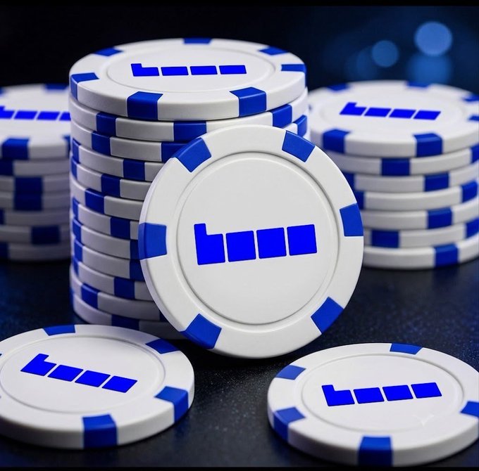Stacks of white and blue poker chips featuring a blue domino-like logo.