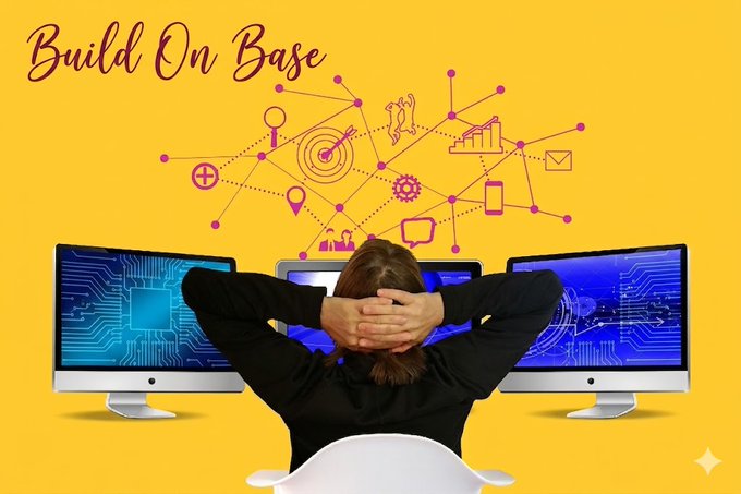 A woman sits with her hands behind her head, looking at multiple monitors with screens showing circuit boards, under the text 'Build On Base' on a yellow background with various icons.