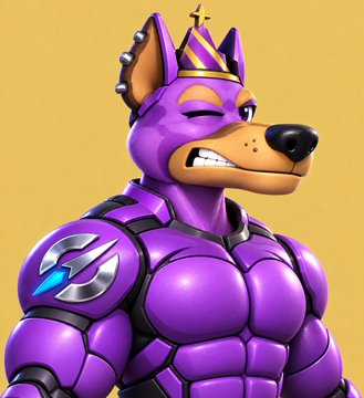 A 3D-rendered purple anthropomorphic fox character wearing a spiked crown and metallic purple armor with a blue flame emblem on the chest.