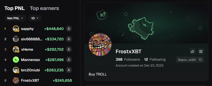 A leaderboard screenshot titled 'Top PNL Top earners' led by 'sapphy' at +$448,840, with 'FrostxXBT' shown as the 6th-ranked user with 398 followers.