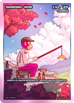 A pixel-art trading card titled "Banana Bob" (Level 39, Common) depicts a character in pink pants and a red cap fishing by a pond beneath cherry blossoms, with flavor text reading "Bears & Banana trees & Bob's losing patience." This is the featured Chimpers "Diamond Fleece" Card of the Day in a daily collect-a-card series, marking Day 210 of a 365-day challenge.