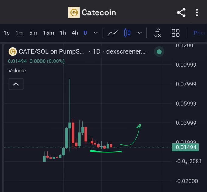 A CATE/SOL trading chart on dexscreener showing a 1D timeframe with a current price of 0.01494, featuring hand-drawn green annotations highlighting a consolidation pattern with an upward arrow indicating potential breakout.
