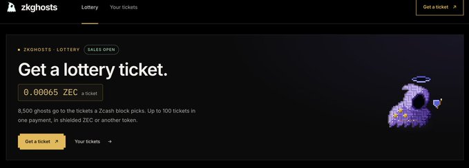 A promotional webpage for zkGHOSTs lottery displays a "Get a lottery ticket" call-to-action with pricing at 0.00065 ZEC per ticket and details that 8,500 ghosts will be distributed to ticket holders, complementing the post's announcement about the project's relaunch with a new gameplay format.