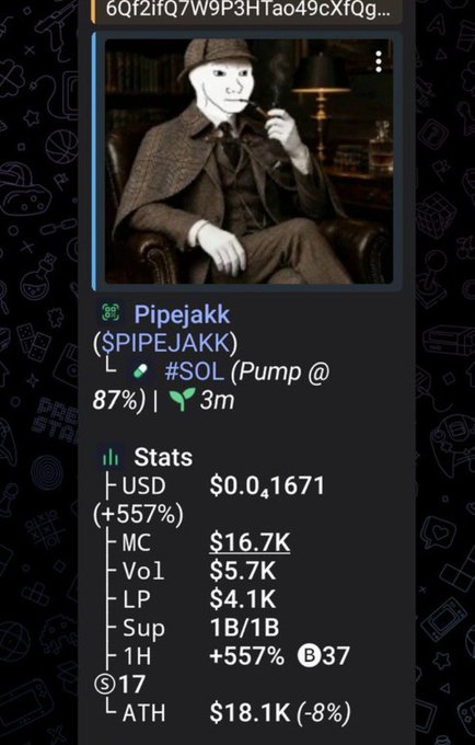 A mobile app interface displays stats for the meme token "Pipejakk ($PIPEJAKK)" on the Solana blockchain, showing metrics including USD price $0.01671 (+557%), MC $16.7K, and Vol $5.7K.