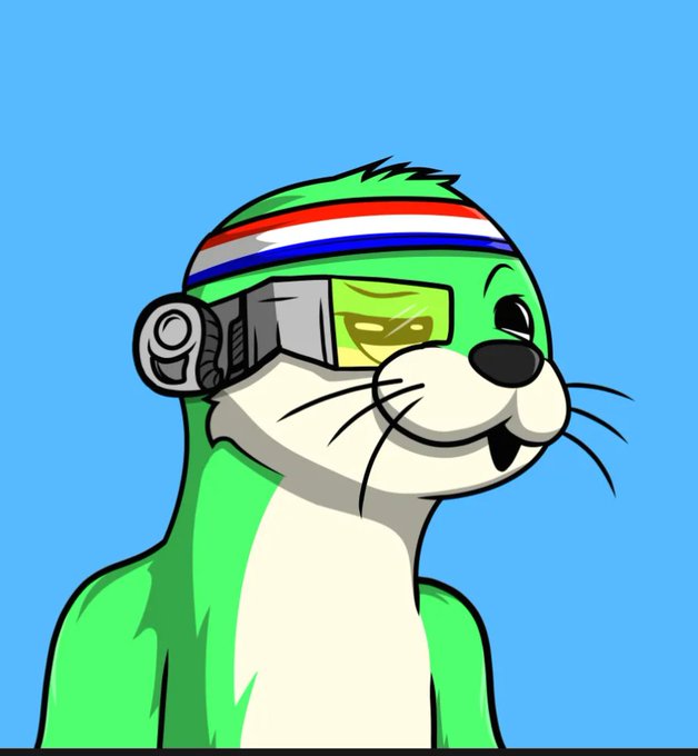 A cartoon illustration of a green otter or seal wearing yellow-tinted goggles with a red, white, and blue striped headband against a blue background.