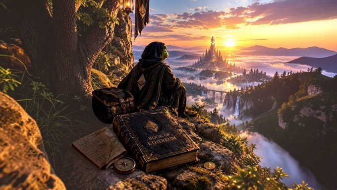 A hooded green-skinned figure sits on a rocky outcrop overlooking a fantasy landscape with a castle, holding a large book labeled "BOOK OF ETHERIUM" alongside a map, compass, and coins at sunset.