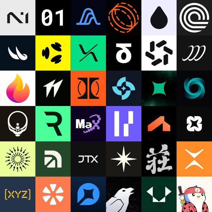 A grid of 36 colorful logo tiles for various perpetual DEX and crypto projects, including Variational, Ondo, XYZ, Arcus, Ostium, along with others like JTX, MaX, and a cartoon bird character. The image complements the post by visually showcasing the multiple exclusive airdrop opportunities from perp DEX platforms ahead of GRVT's TGE.