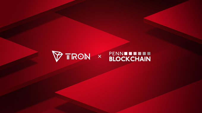 A promotional graphic with a deep red geometric background features the logos of "TRON" and "PENN BLOCKCHAIN" separated by a multiplication symbol, announcing a partnership between the two organizations. The bold red design visually reinforces the branding as TRON's decentralized identity system integrates with major Web3 wallets like TokenPocket and Bitget Wallet.