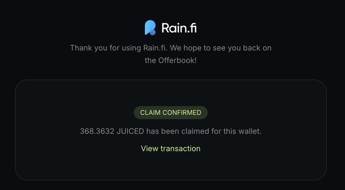 The image displays a text box with information about a cryptocurrency project called RainFI. It indicates that the system has been claimed by the user, as confirmed via an email. The post seems to be promoting or updating about this claim.