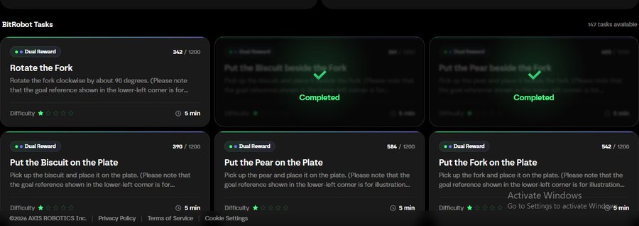 A BitRobot Tasks dashboard shows a "Rotate the Fork" task (342/1200) and a "Put the Biscuit/Pear on the Plate" task (584/1200), both with "Dual Reward" and 5-minute completion times, alongside completed tasks. The interface, part of an AXIS ROBOTICS Inc. platform (©2026), relates to the promotional post by offering users a glimpse of the robotics task selection page where they can begin earning rewards through the BitRobot alliance.