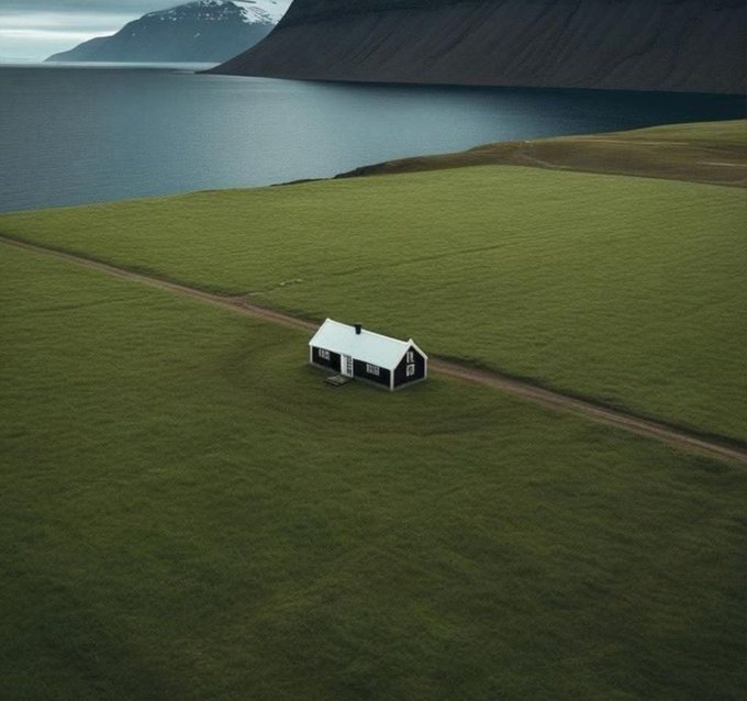 A solitary black-and-white cabin sits isolated on a vast green coastal plain beside a fjord and rugged mountains, evoking the remote, off-grid lifestyle the post proposes—offering a year of seclusion (no internet) in exchange for 10 BTC.