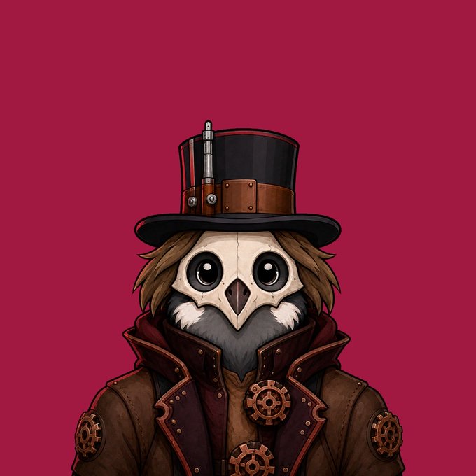 A digital illustration of a steampunk-style owl character wearing a top hat with a chimney-like attachment and a brown leather coat with gear details, set against a solid maroon background.