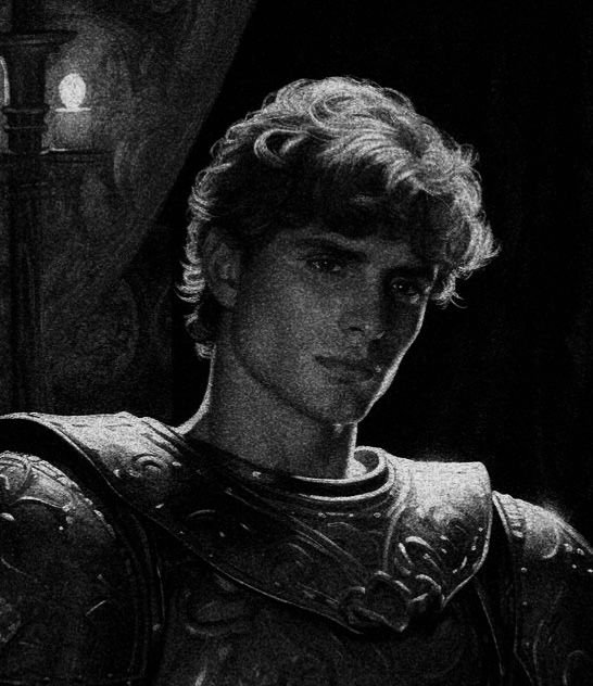 A black-and-white portrait of a young man with curly hair wearing medieval plate armor, lit by a candle in the dark background.