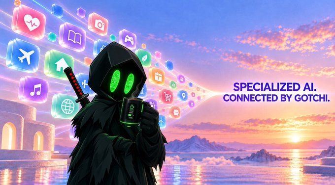 An advertisement for Gotchi featuring a hooded dark character holding a sword and mug, surrounded by colorful app icons, with text reading 'SPECIALIZED AI. CONNECTED BY GOTCHI.'
