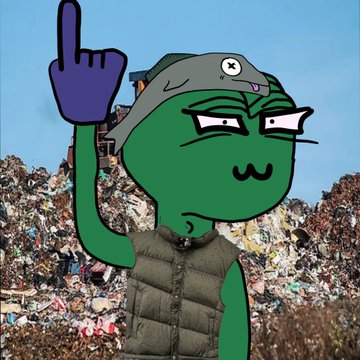 A cartoon Pepe the Frog character wearing a camouflage cap and vest stands in front of a trash dump, raising one finger.