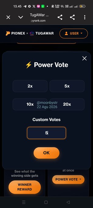 A dark-themed mobile interface for a 'Power Vote' popup on PIONEX x TUGAWAR allows users to select voting multipliers like '2x', '5x', '10x', and '20x', with a custom vote field currently set to '5'.