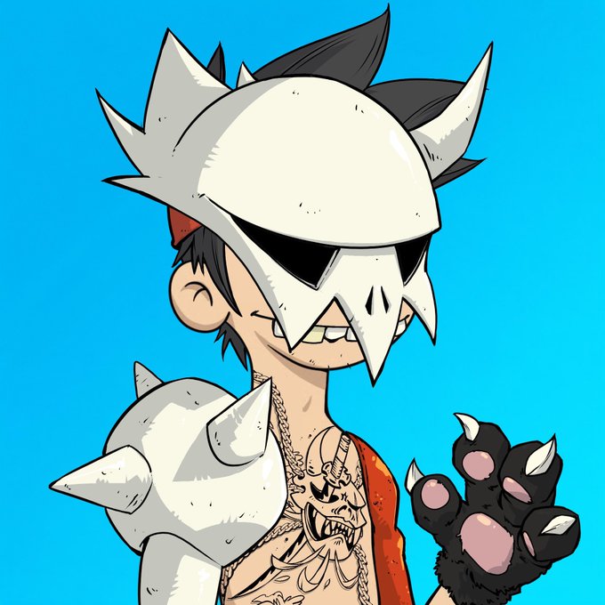 A digital illustration of a character wearing a spiked white skull-like mask and spiked shoulder armor, featuring a chest tattoo and clawed glove against a blue background.