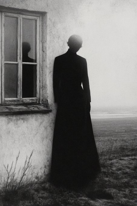 A moody black-and-white photograph showing the silhouetted figure of a person in a long coat standing beside a window in a weathered wall, with a foggy landscape behind them.