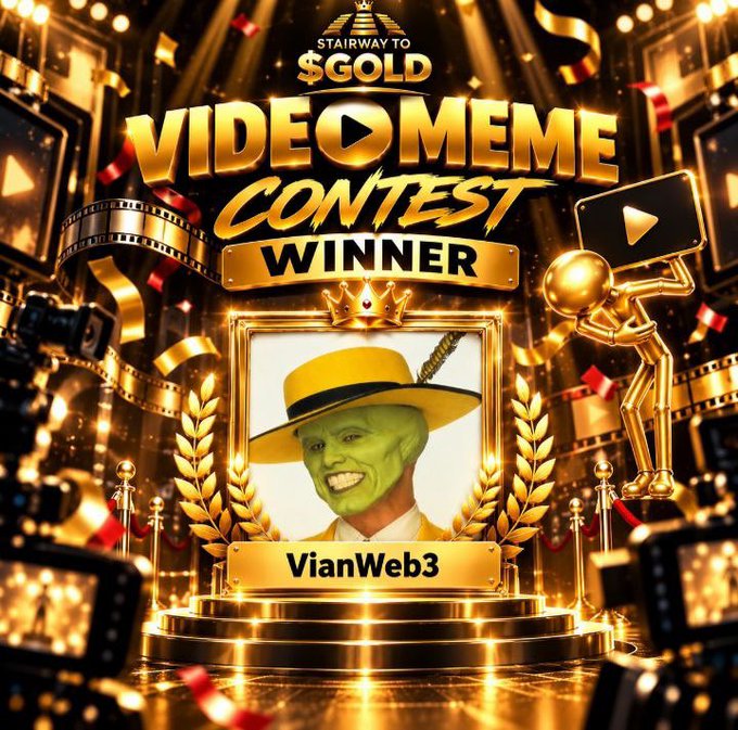 'Stairway to Gold' Video Meme Contest Winner certificate awarded to 'VianWeb3', featuring a green-faced figure in a yellow hat.