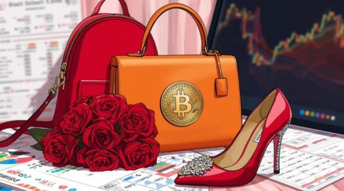 An illustration showing a tan handbag with a Bitcoin logo, a red backpack, red roses, and a red high heel shoe resting on financial charts and stock tickers.