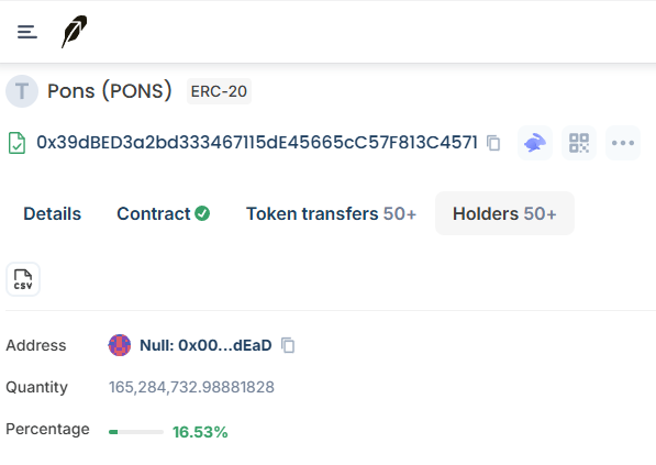 A Etherscan screenshot showing the top holder of the PONS (ERC-20) token at address 0x00...dEaD (a burn address), holding 165,284,732.98881828 PONS—representing 16.53% of the total supply. The image visually confirms the post's claim that a massive portion of the $PONS supply has been sent to a burn address within 24 hours.