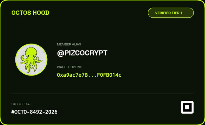 An 'OCTOS HOOD' digital membership card showing 'VERIFIED TIER 1' status with a member alias '@PIZCOCRYPT', a partial wallet address '0xa9ac7e7B...F0FB014c', and pass serial '#OCTO-8492-2026', featuring a yellow octopus logo.