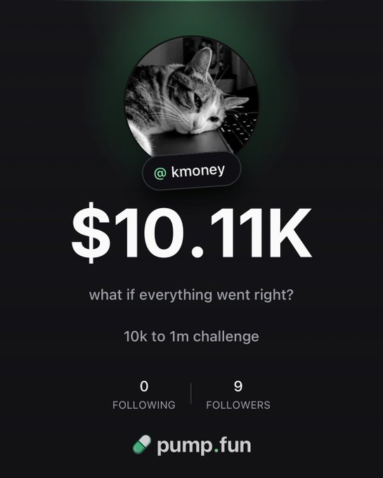 A profile page for "@kmoney" on pump.fun shows a balance of $10.11K with the tagline "what if everything went right? 10k to 1m challenge," visually representing the trader's starting capital for their announced pump.fun challenge to grow $10K into $1M.