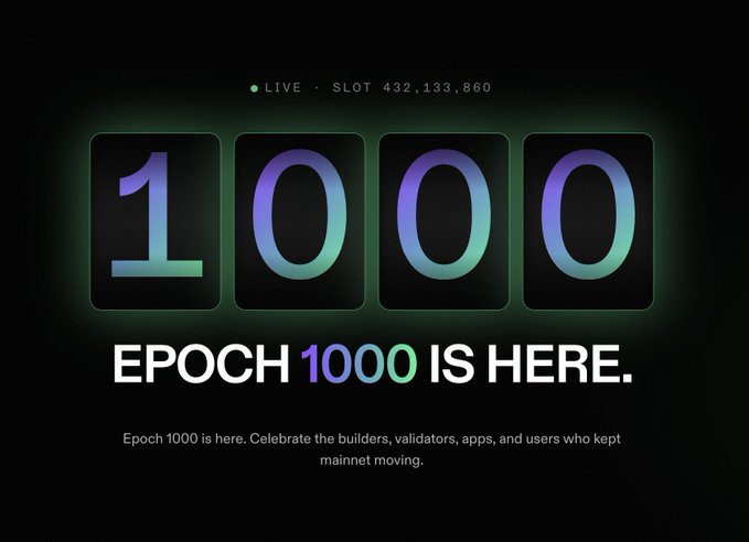A digital graphic displaying 'LIVE • SLOT 432,133,860' at the top, with large illuminated numbers showing '1000' and the text 'EPOCH 1000 IS HERE. Epoch 1000 is here. Celebrate the builders, validators, apps, and users who kept mainnet moving.'