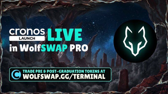 A promotional graphic with a cosmic, rocky landscape background announces "Cronos LAUNCH LIVE in WolfSWAP PRO," featuring a glowing white wolf head logo and directing viewers to trade pre and post-graduation tokens at WOLFSWAP.GG/TERMINAL.