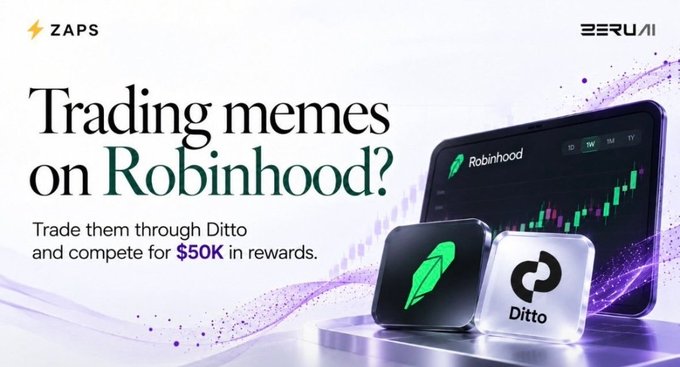 The image is a promotional banner for Zeru featuring the headline "Trading memes on Robinhood? Trade them through Ditto and compete for $50K in rewards," alongside logos for Robinhood and Ditto and a tablet displaying a candlestick chart.

The banner ties directly to the post's message about reducing friction in DeFi, illustrating how Zeru makes it easier to trade Robinhood-listed assets onchain without the hassle of bridging or managing wallets—just seamless access to what already exists.