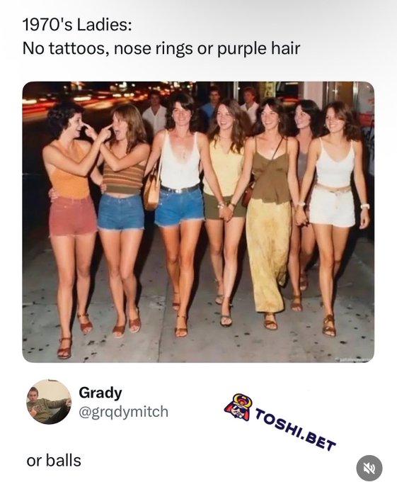 A meme showing a vintage photo of 1970s women with the caption '1970's Ladies: No tattoos, nose rings or purple hair' followed by a reply 'or balls' from user Grady, with a TOSHI.BET watermark.